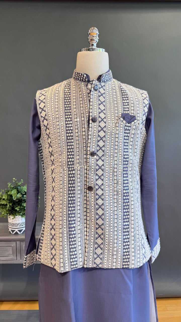 Purple blue color mirror work jacket kurta set