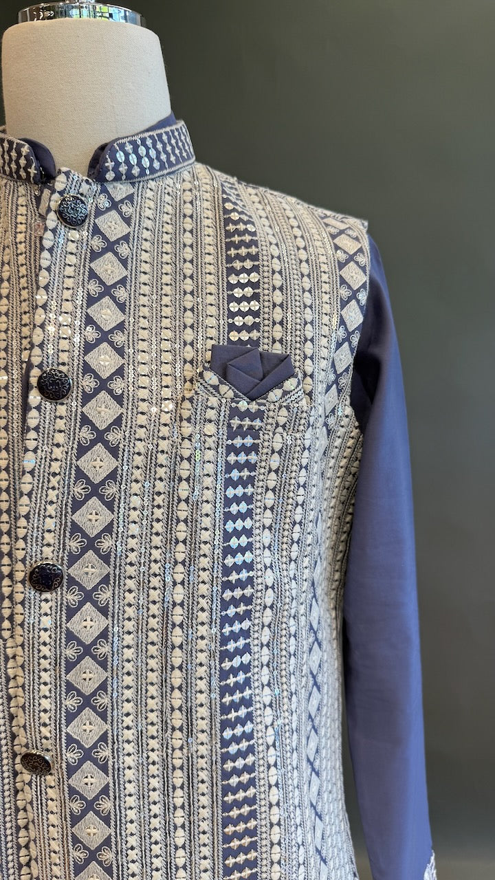 Purple blue color mirror work jacket kurta set