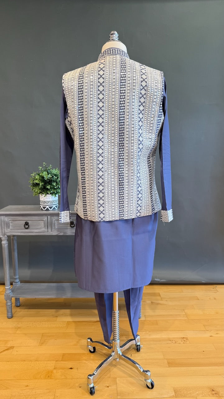 Purple blue color mirror work jacket kurta set