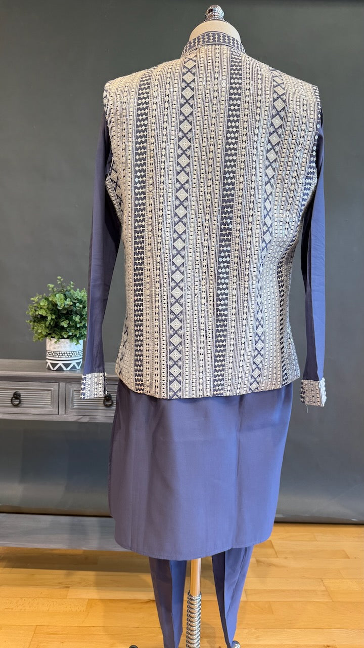 Purple blue color mirror work jacket kurta set