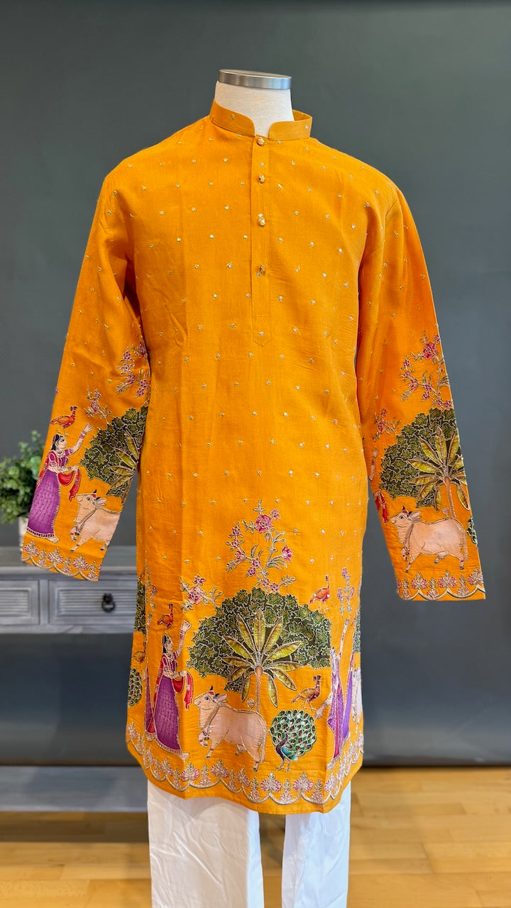 Mustard Yellow Pichwai Design Kurta Set