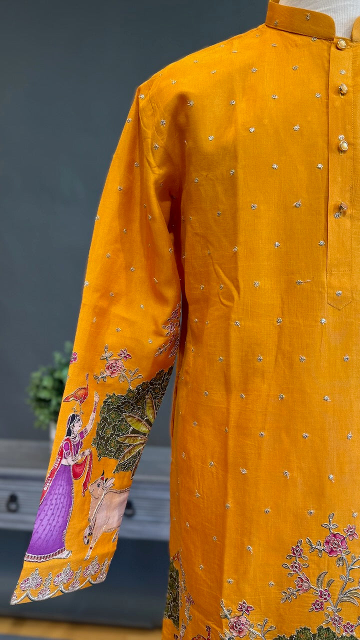 Mustard Yellow Pichwai Design Kurta Set