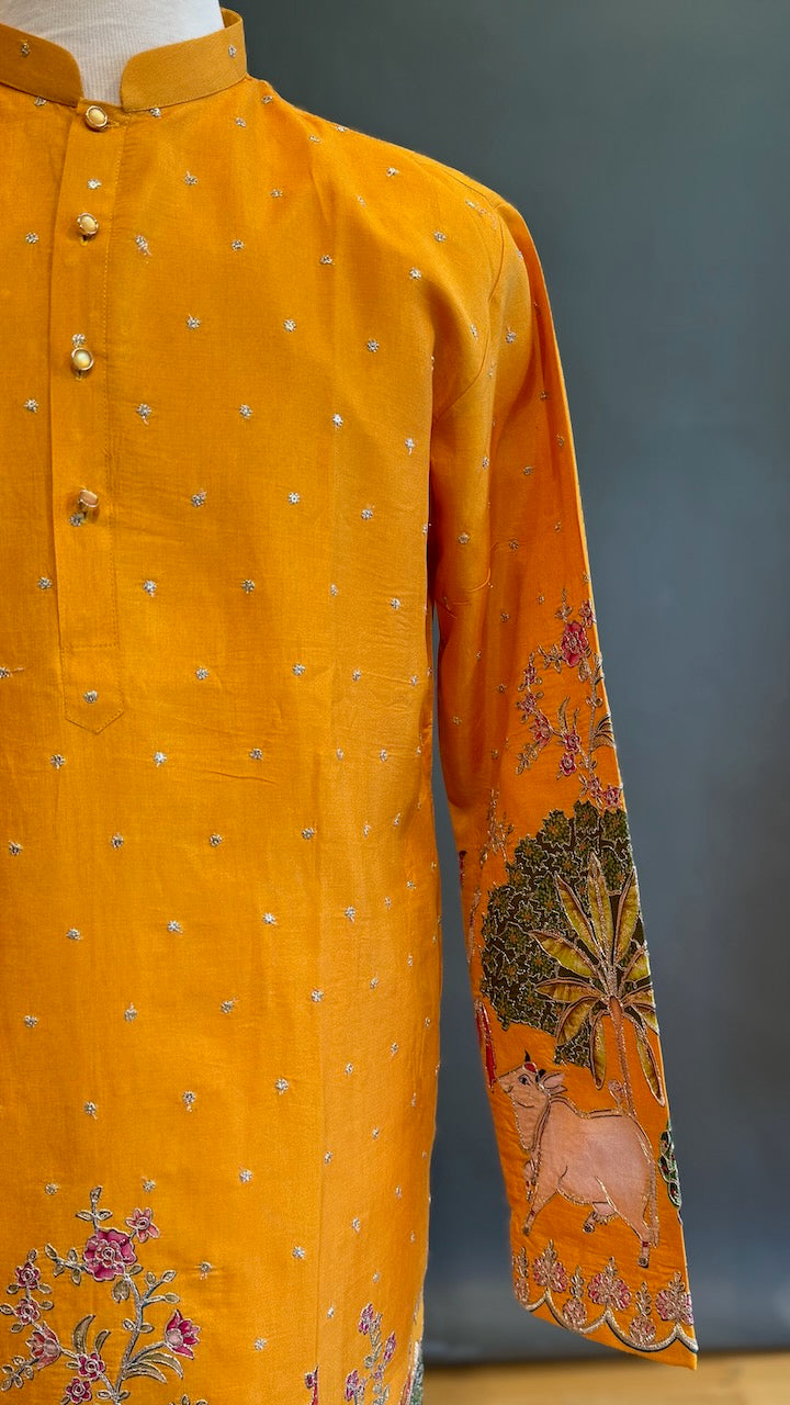 Mustard Yellow Pichwai Design Kurta Set