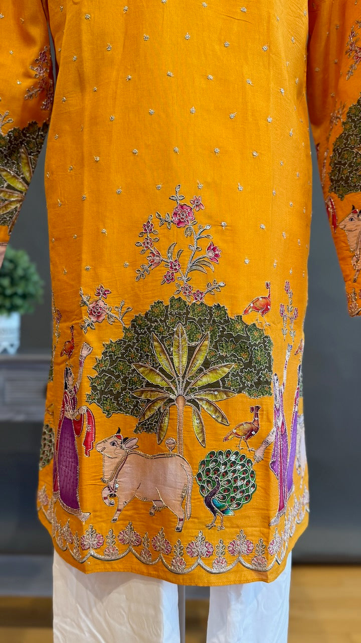 Mustard Yellow Pichwai Design Kurta Set