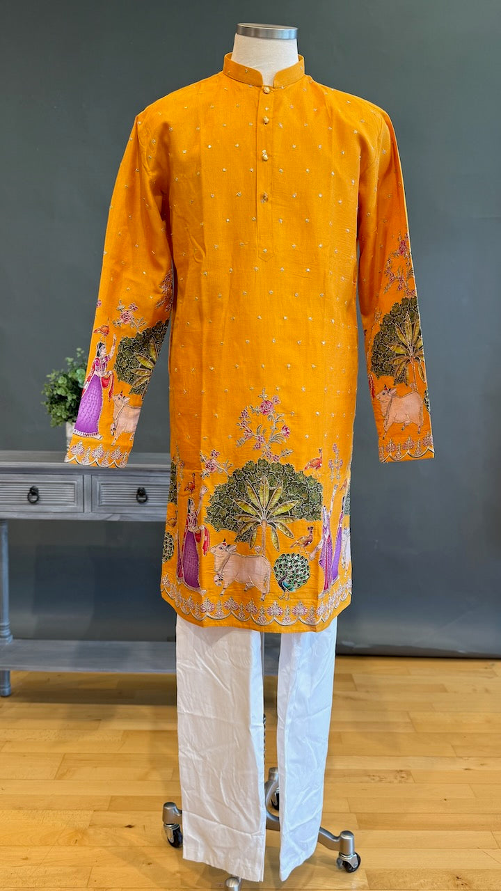 Mustard Yellow Pichwai Design Kurta Set