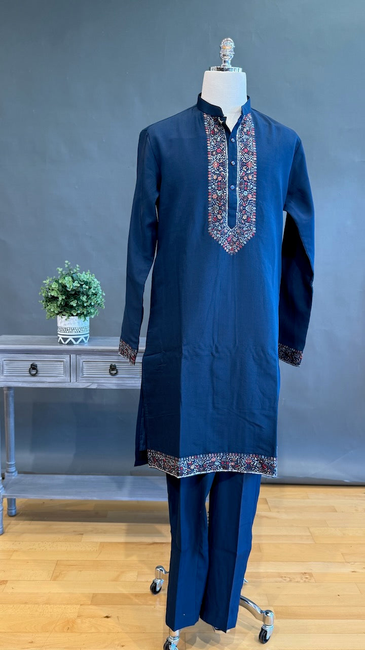 Navy Blue Kurta Pajama with Long Embroidered Jacket
