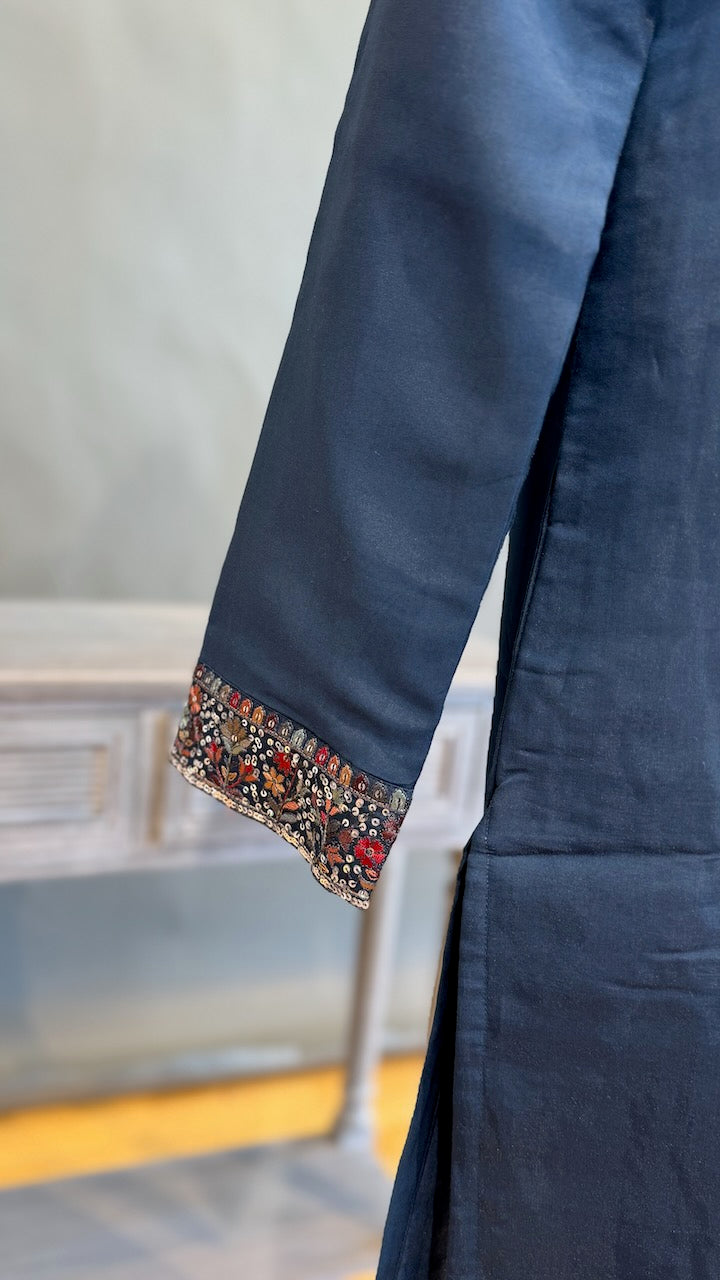 Navy Blue Kurta Pajama with Long Embroidered Jacket