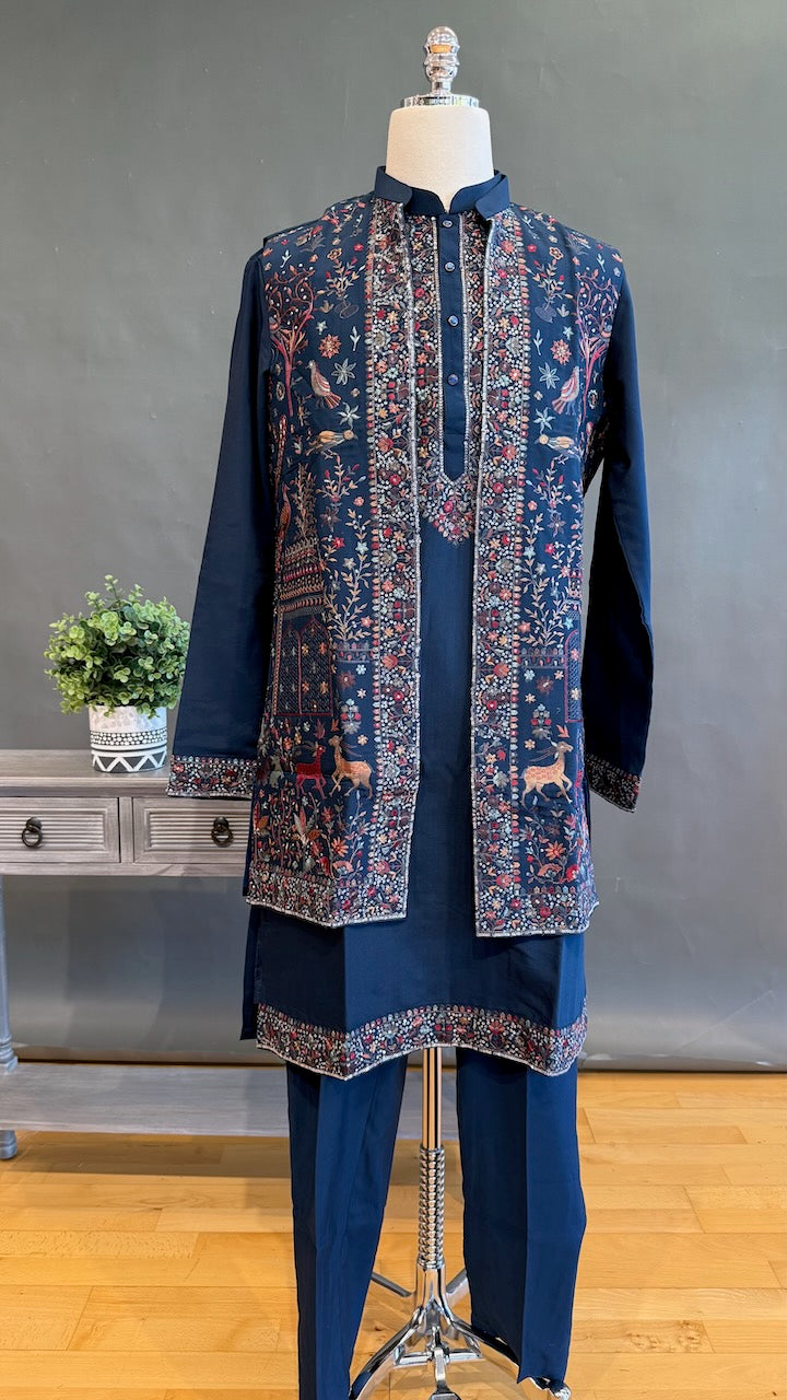 Navy Blue Kurta Pajama with Long Embroidered Jacket
