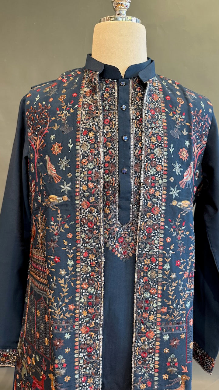Navy Blue Kurta Pajama with Long Embroidered Jacket
