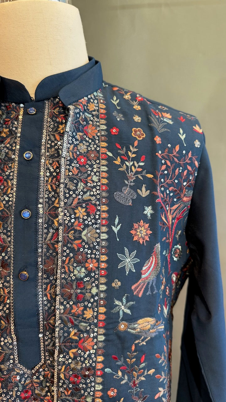 Navy Blue Kurta Pajama with Long Embroidered Jacket