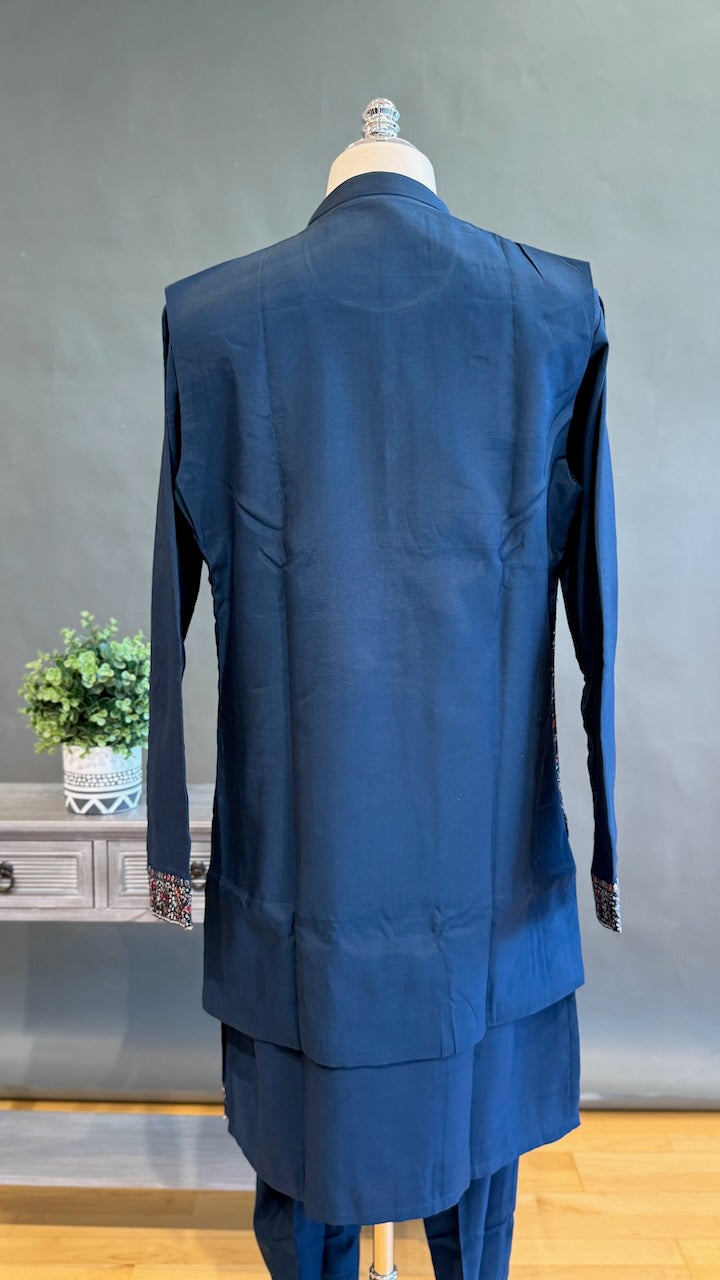 Navy Blue Kurta Pajama with Long Embroidered Jacket