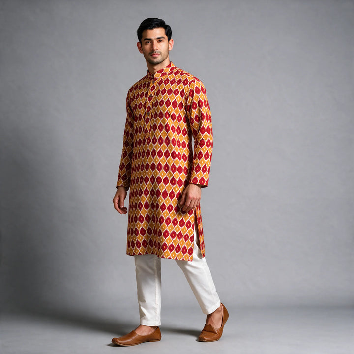 Red and Orange Ikkat Handloom Cotton Kurta