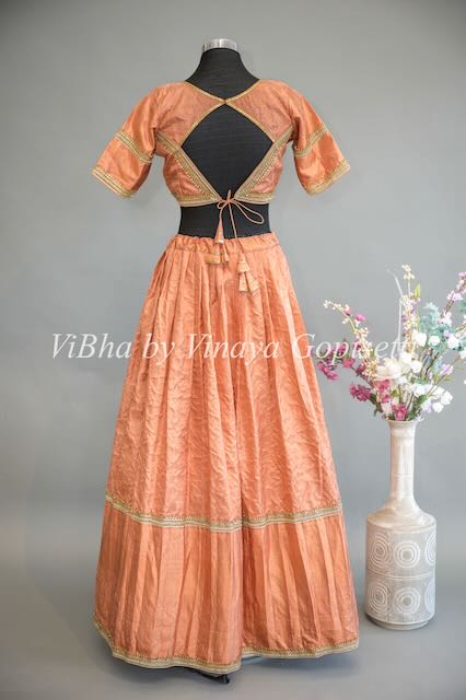 Copper Kanchi Silk Lehenga with Embroidered Borders And Pen Kalamkari Dupatta