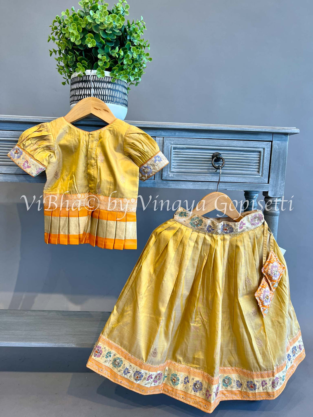 Yellow Gold Puff sleeve Kanchi Silk Skirt and Top