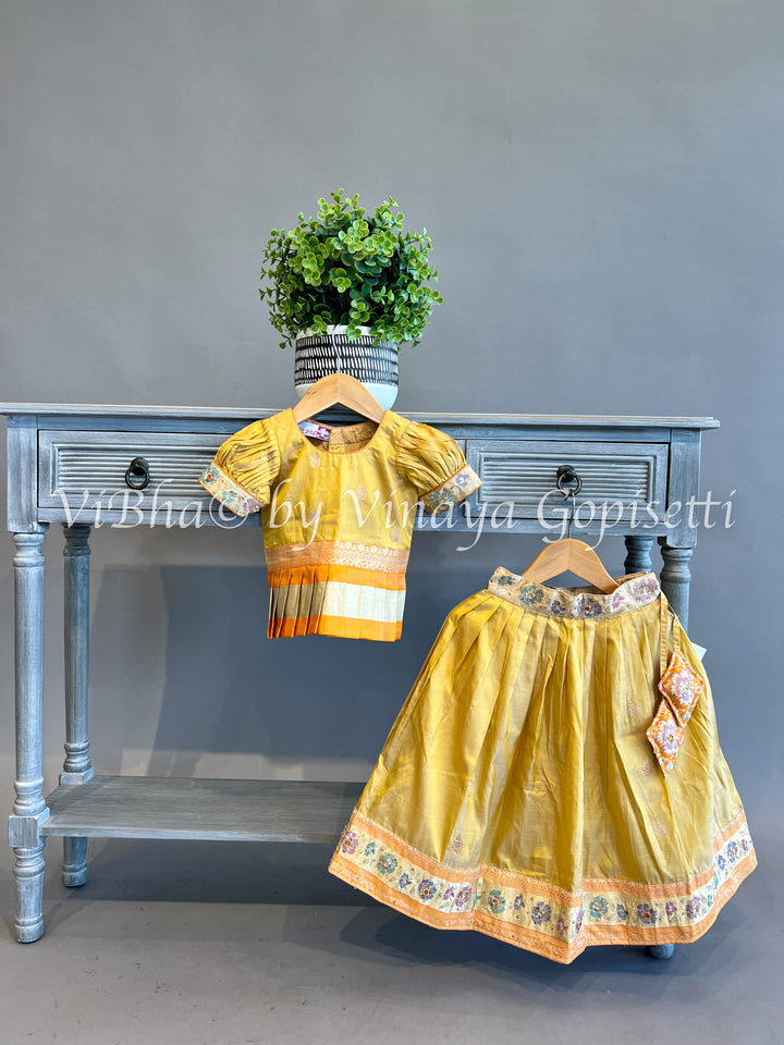 Yellow Gold Puff sleeve Kanchi Silk Skirt and Top