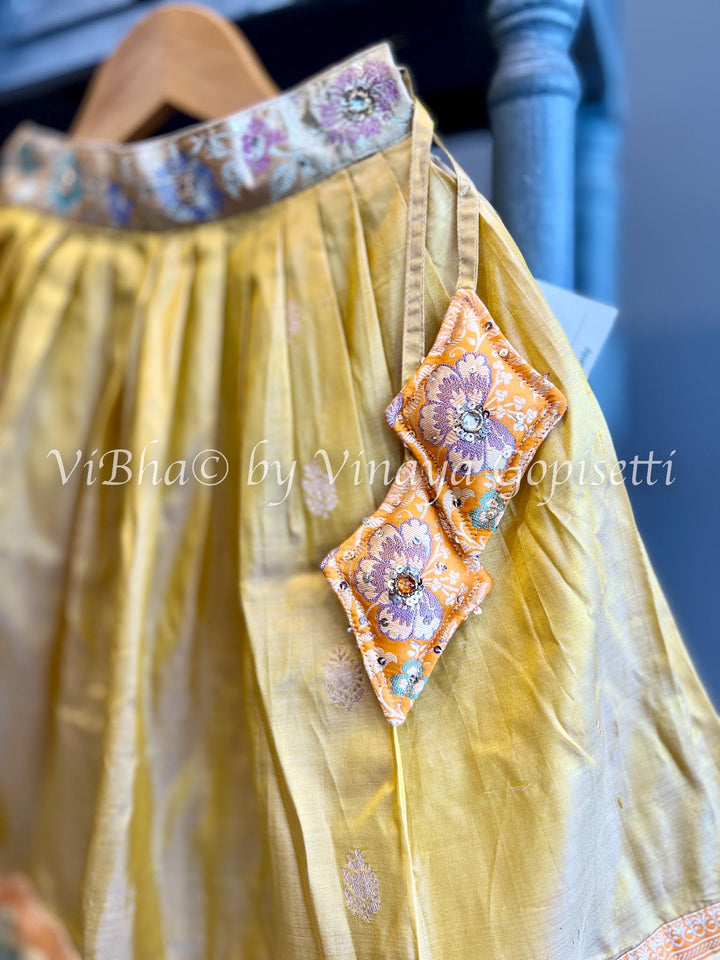 Yellow Gold Puff sleeve Kanchi Silk Skirt and Top