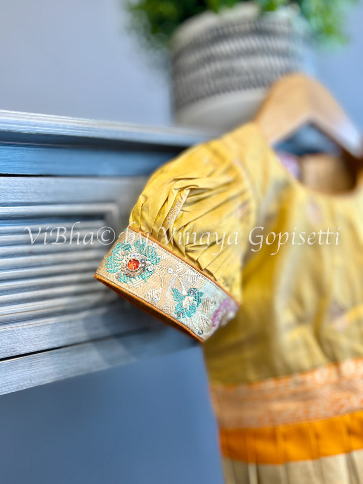 Yellow Gold Puff sleeve Kanchi Silk Skirt and Top