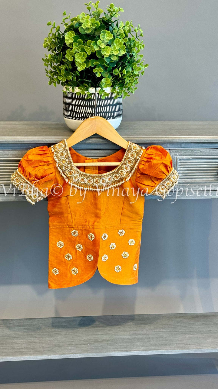 Gold tissue Embroidered Kanchi Silk Skirt Top with Waist Belt