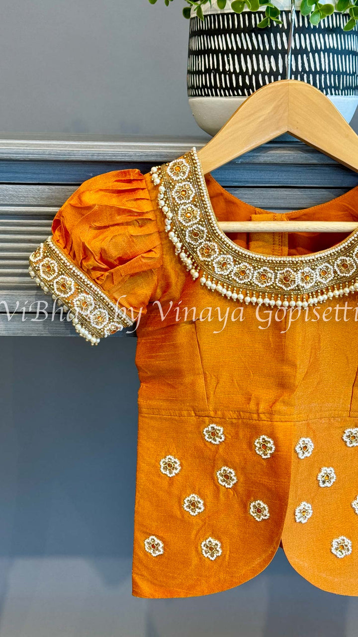 Gold tissue Embroidered Kanchi Silk Skirt Top with Waist Belt