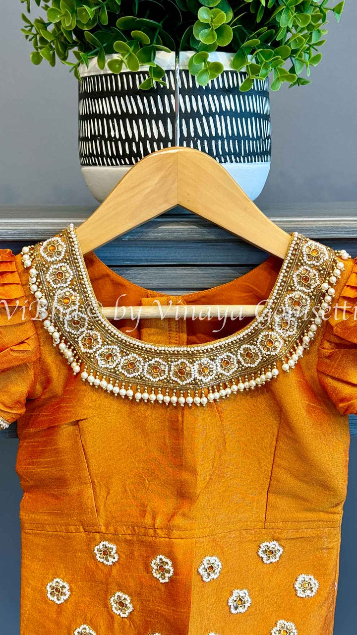 Gold tissue Embroidered Kanchi Silk Skirt Top with Waist Belt