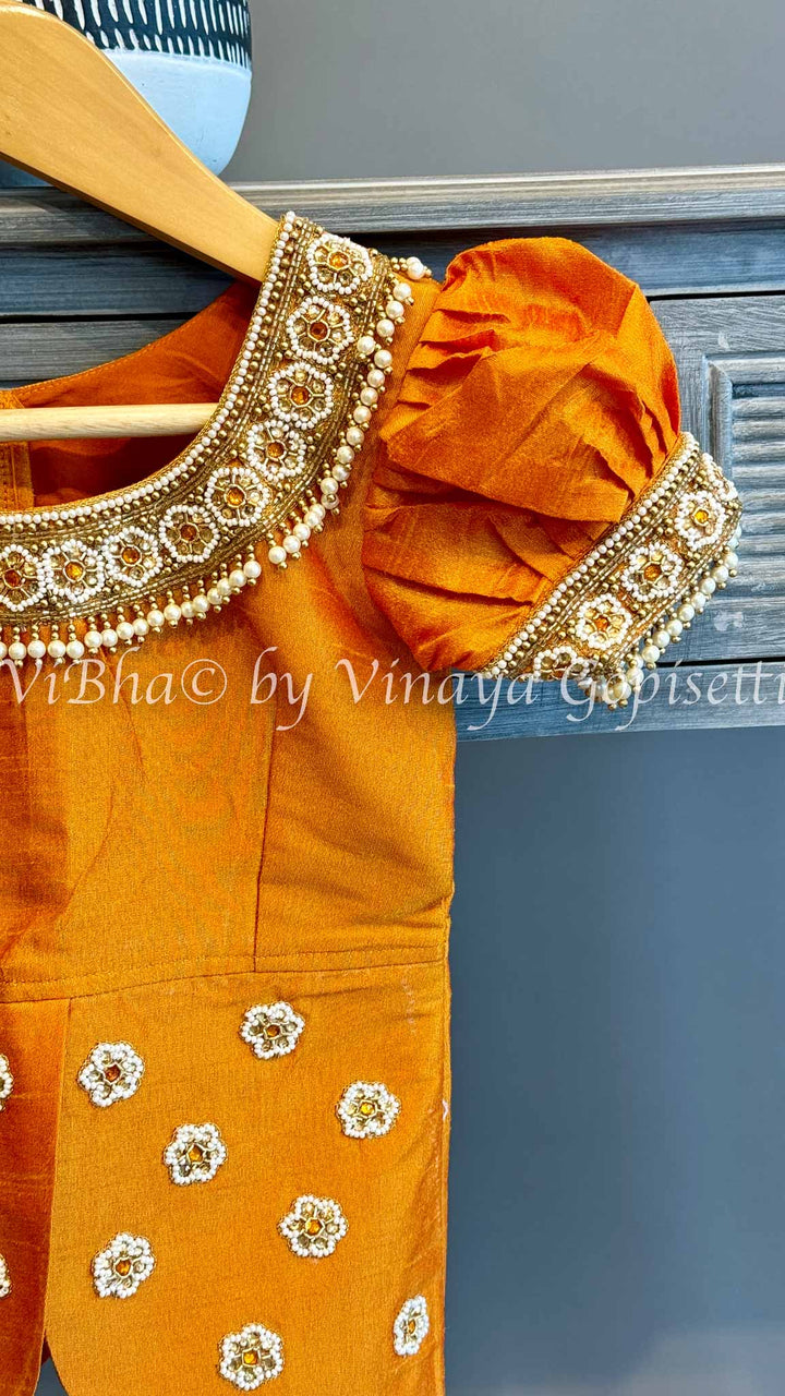 Gold tissue Embroidered Kanchi Silk Skirt Top with Waist Belt