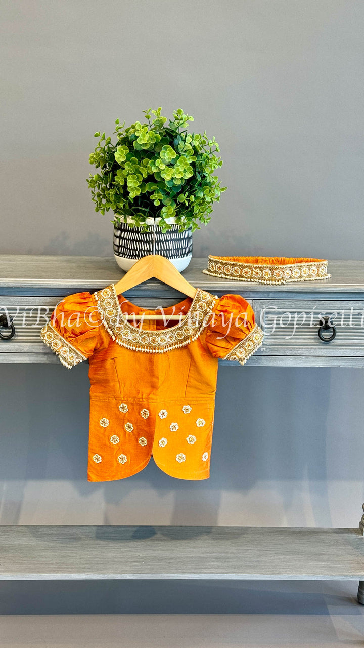 Gold tissue Embroidered Kanchi Silk Skirt Top with Waist Belt