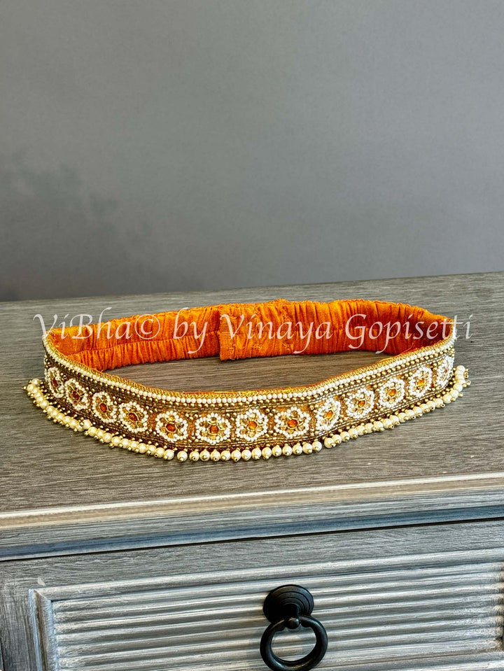Gold tissue Embroidered Kanchi Silk Skirt Top with Waist Belt