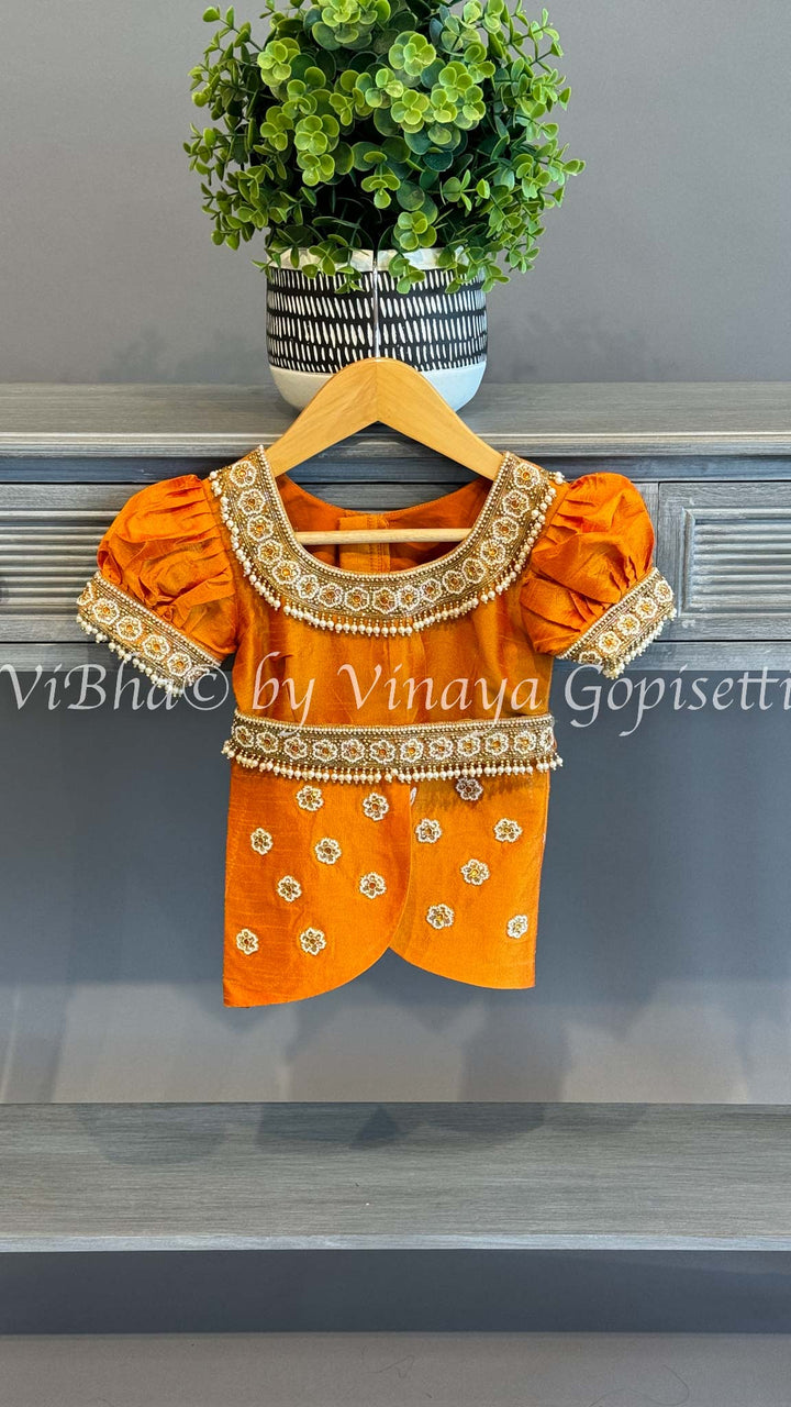 Gold tissue Embroidered Kanchi Silk Skirt Top with Waist Belt