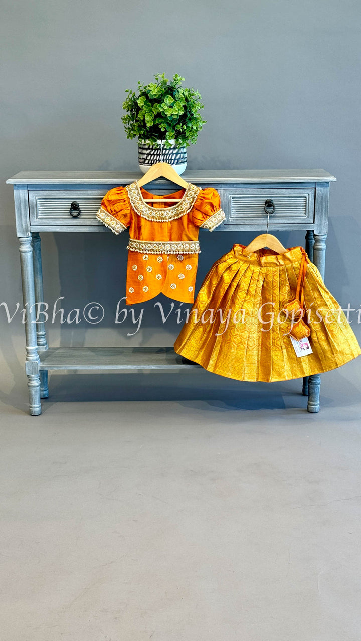 Gold tissue Embroidered Kanchi Silk Skirt Top with Waist Belt