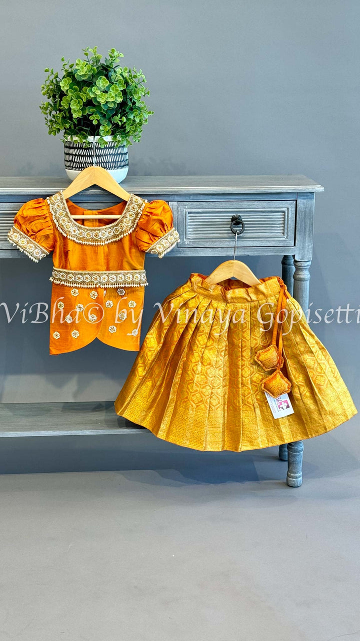 Gold tissue Embroidered Kanchi Silk Skirt Top with Waist Belt