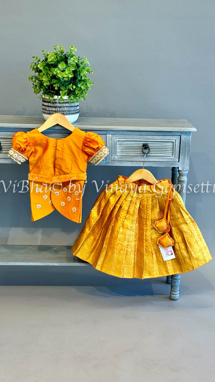 Gold tissue Embroidered Kanchi Silk Skirt Top with Waist Belt