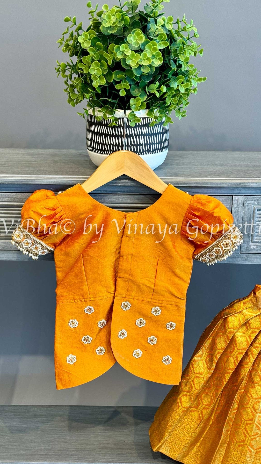 Gold tissue Embroidered Kanchi Silk Skirt Top with Waist Belt