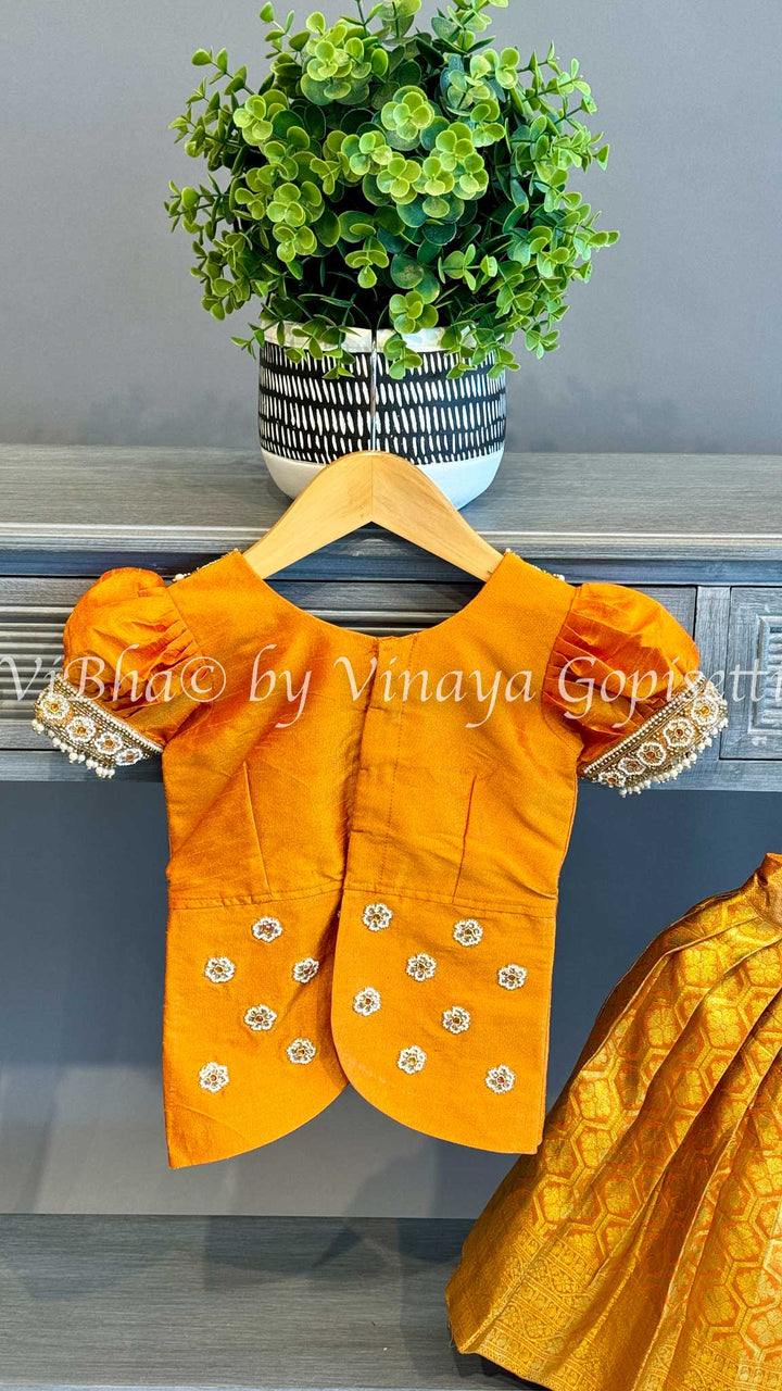 Gold tissue Embroidered Kanchi Silk Skirt Top with Waist Belt