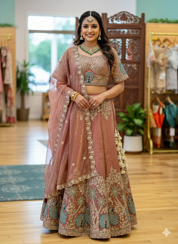 Rust-Colour Hand Embroidered Lehenga