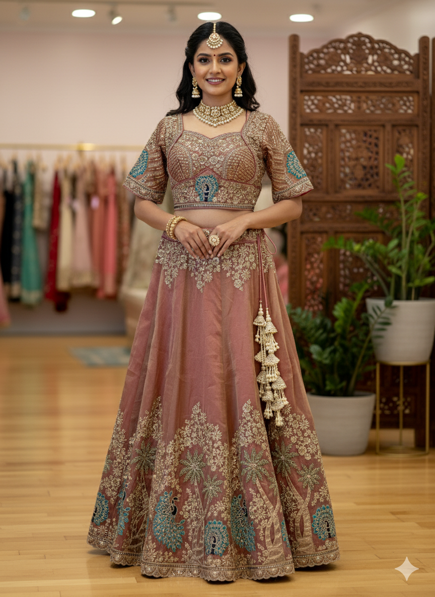 Rust-Colour Hand Embroidered Lehenga