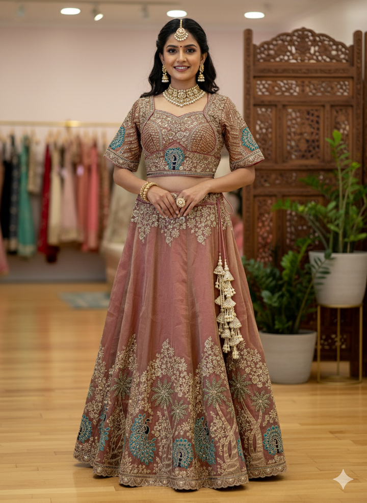 Rust-Colour Hand Embroidered Lehenga