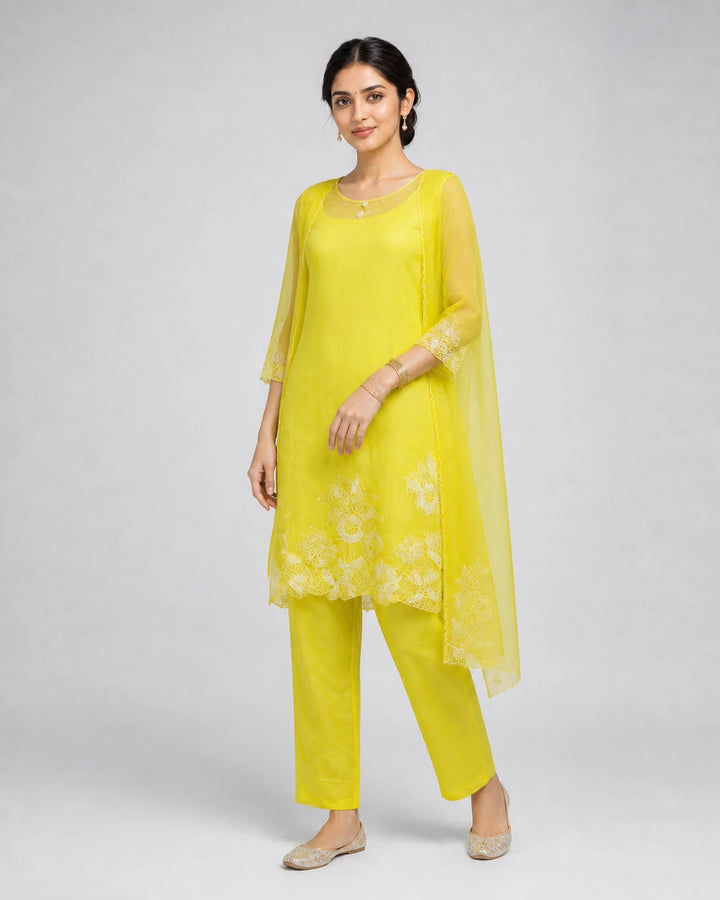 Lime Yellow Floral Embroidered Salwar Suit Set