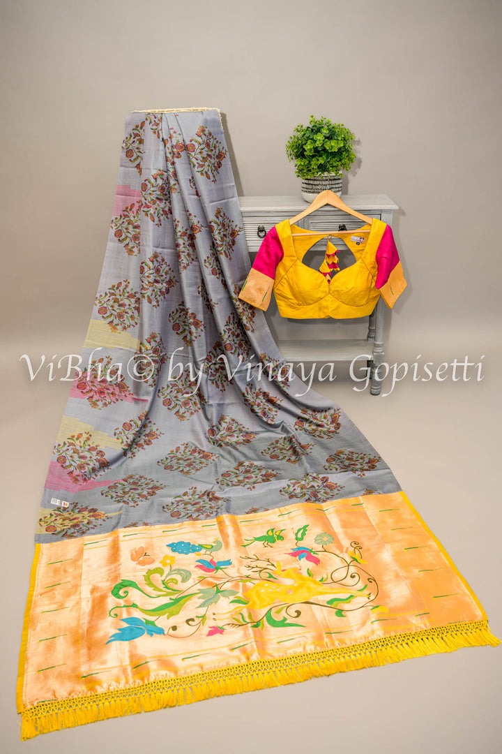 Grey Floral Digital Print Kanchi Soft Silk Saree With Yellow Benares Paithani Pallu And Blouse