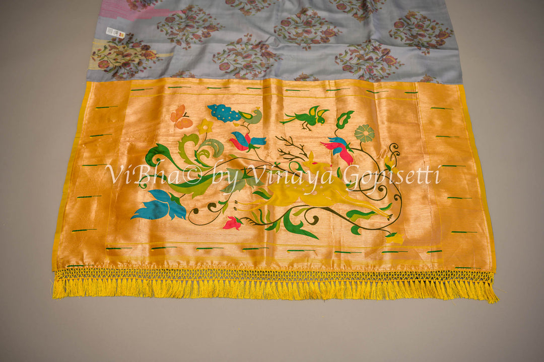 Grey Floral Digital Print Kanchi Soft Silk Saree With Yellow Benares Paithani Pallu And Blouse