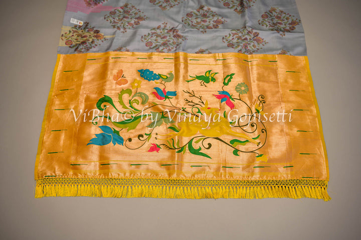 Grey Floral Digital Print Kanchi Soft Silk Saree With Yellow Benares Paithani Pallu And Blouse