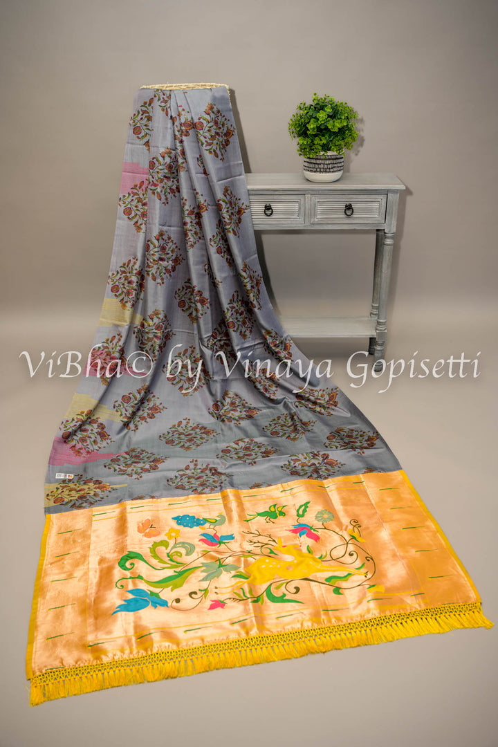 Grey Floral Digital Print Kanchi Soft Silk Saree With Yellow Benares Paithani Pallu And Blouse