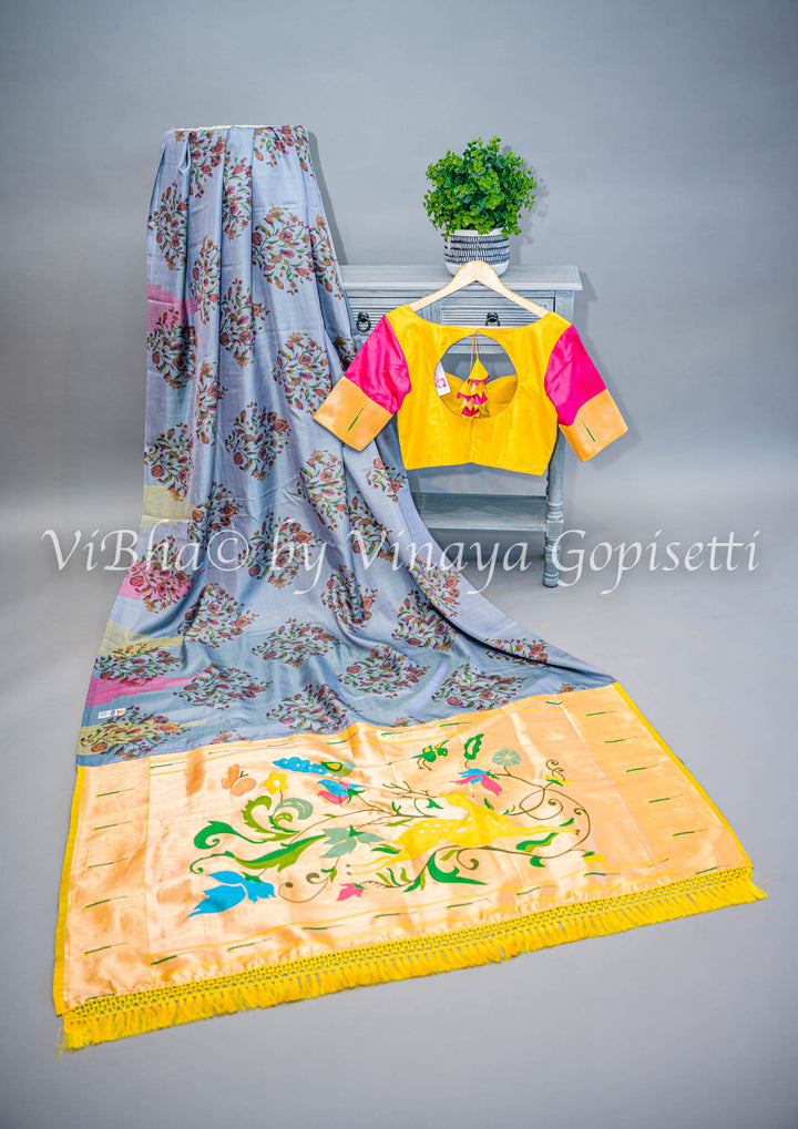 Grey Floral Digital Print Kanchi Soft Silk Saree With Yellow Benares Paithani Pallu And Blouse