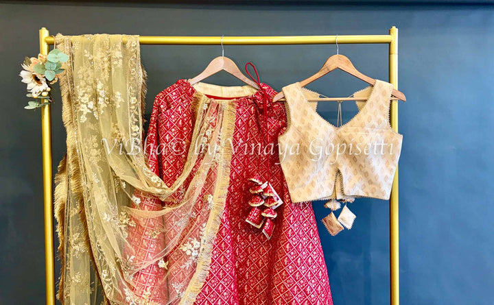 Red and Ivory Gold Banarasi Silk Lehenga