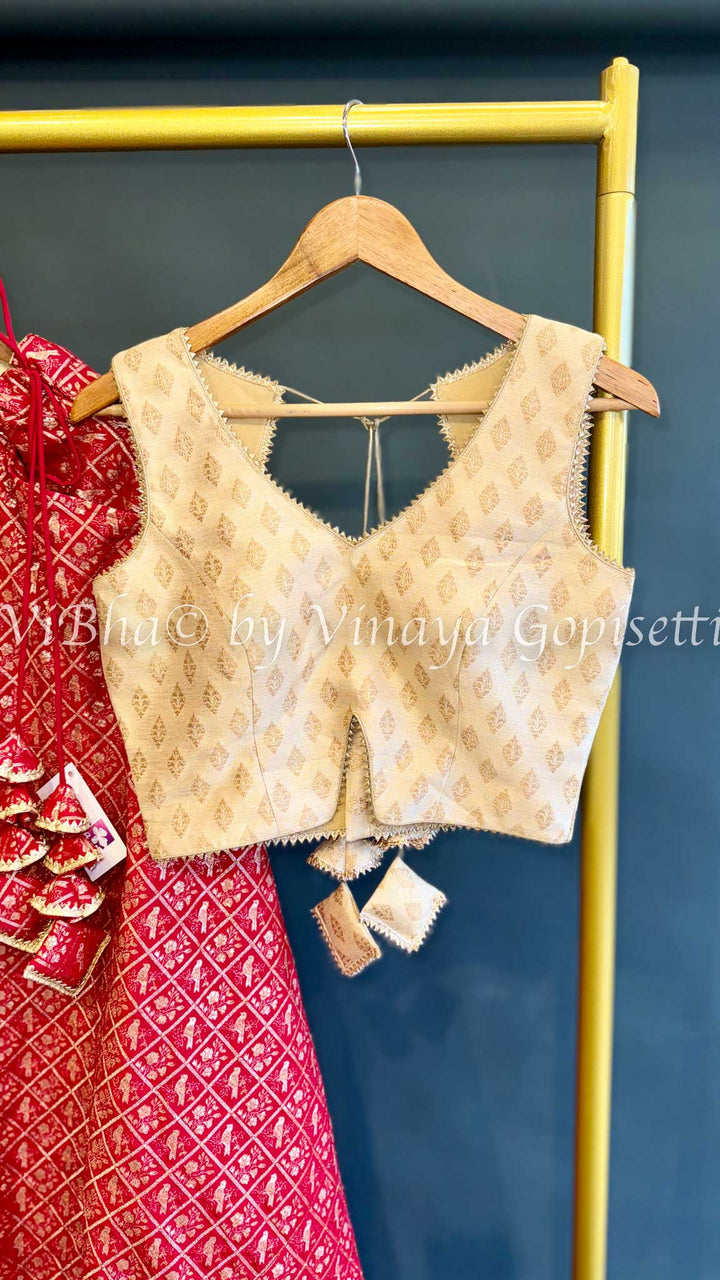 Red and Ivory Gold Banarasi Silk Lehenga