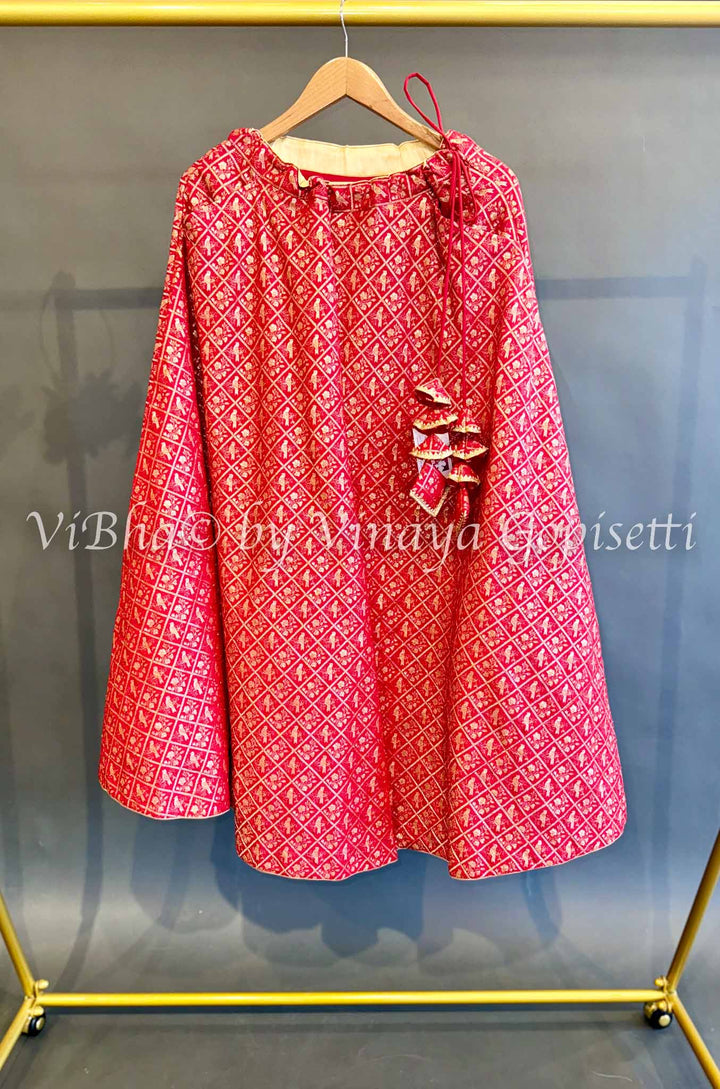 Red and Ivory Gold Banarasi Silk Lehenga