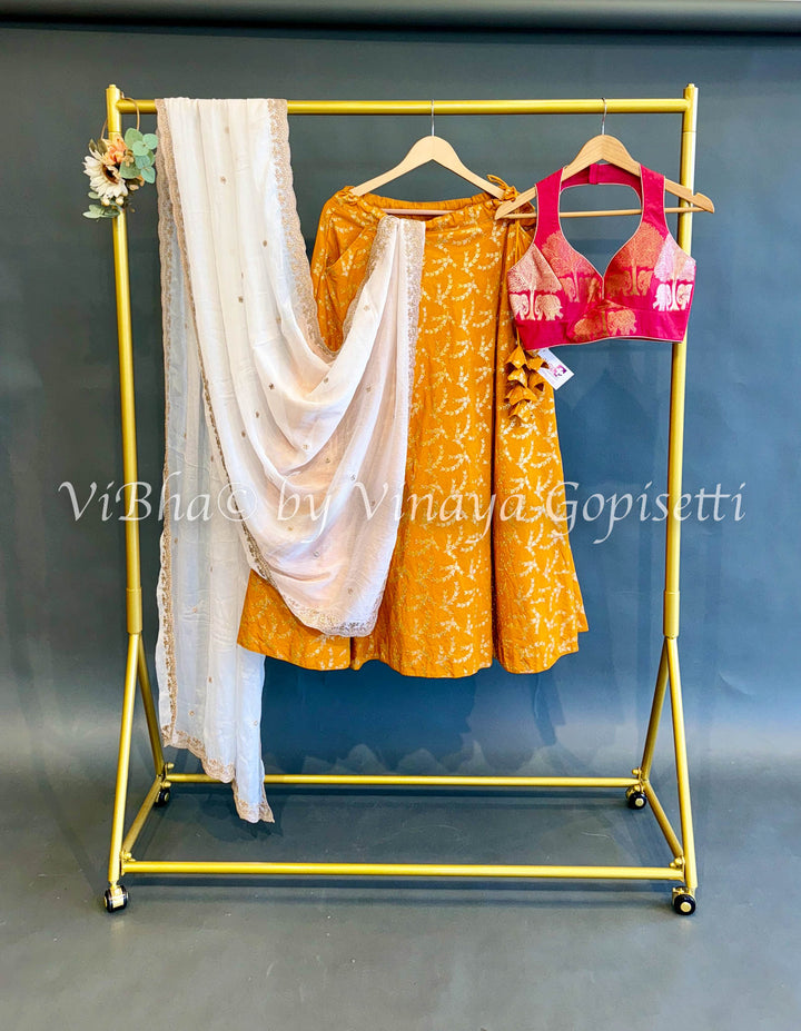Yellow and Pink Banarasi Silk Lehenga Set