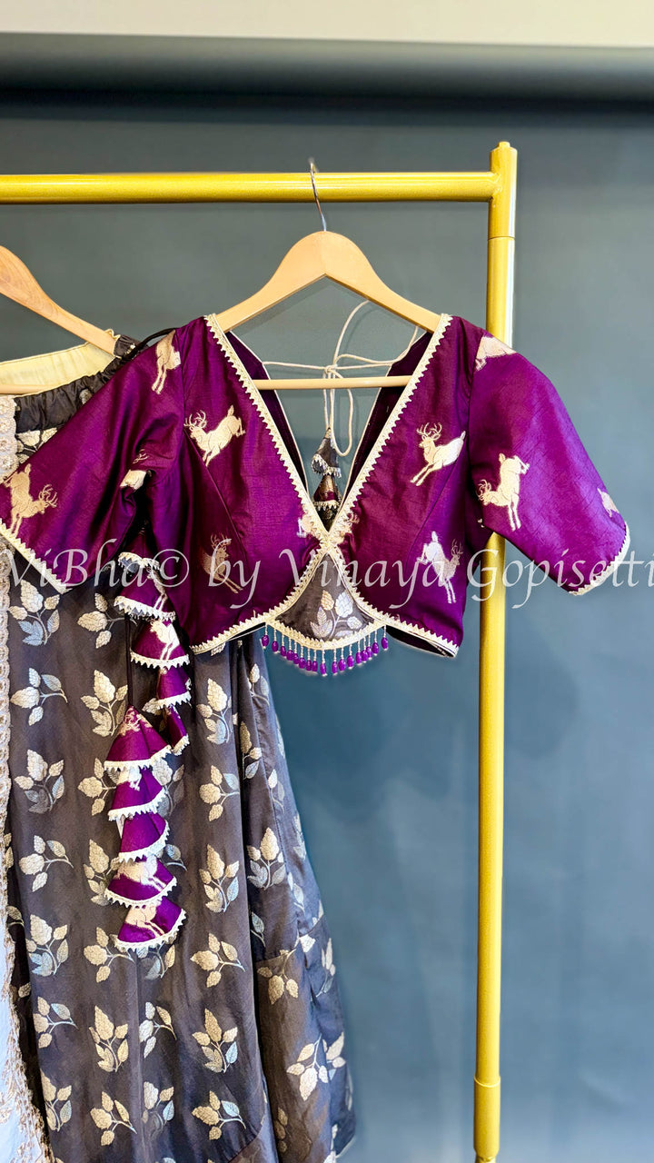 Grey and Violet Banarasi Silk Lehenga Set