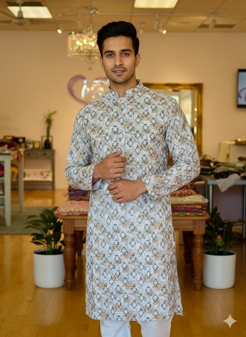 Cream base multi color print Kurta Set