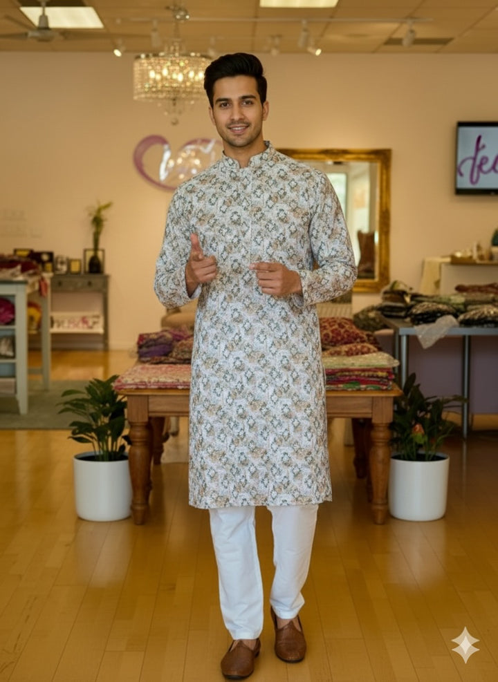 Cream base multi color print Kurta Set