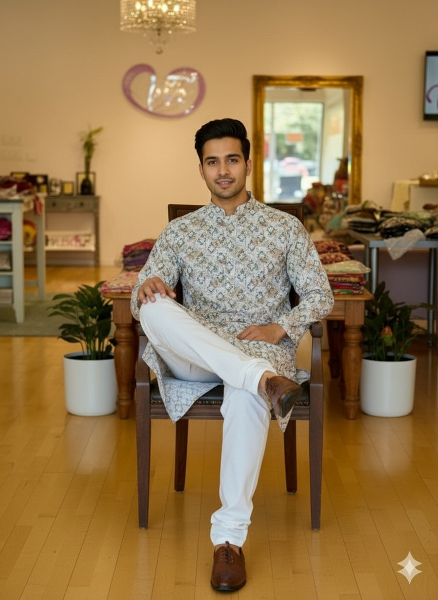 Cream base multi color print Kurta Set